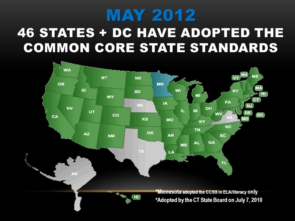 MAY STATES + DC HAVE ADOPTED THE COMMON CORE STATE STANDARDS *Minnesota adopted the CCSS in ELA/literacy only *Adopted by the CT State Board on July 7, 2010