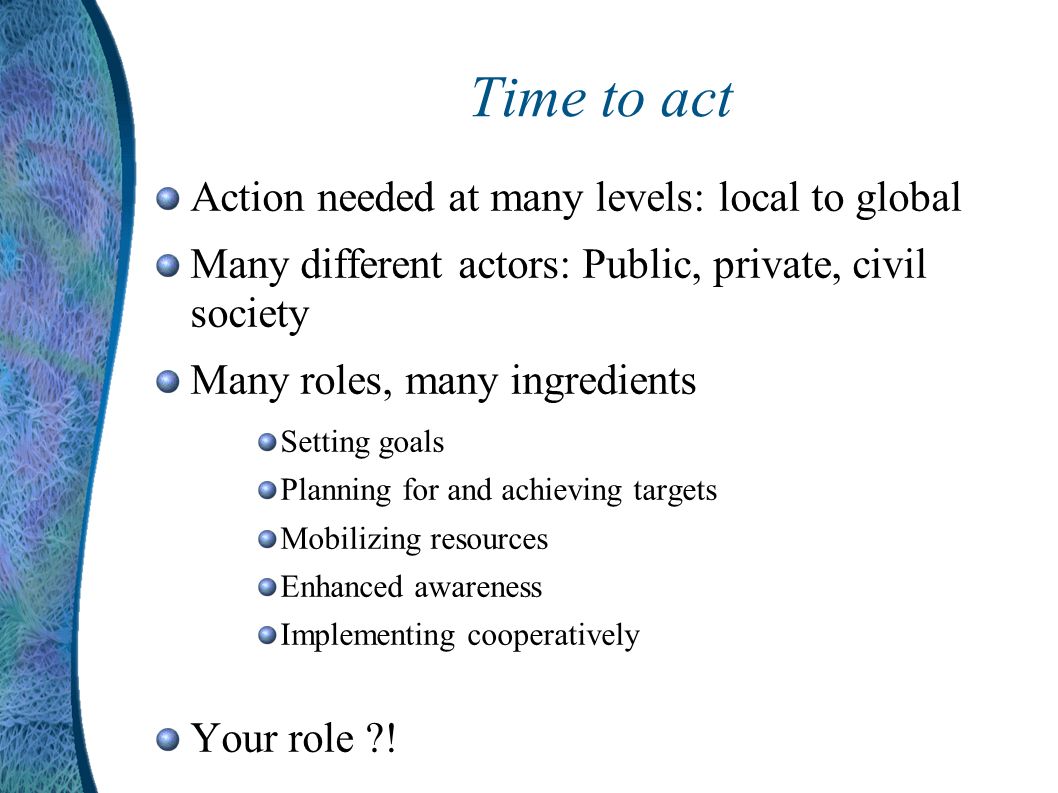 Time to act Action needed at many levels: local to global Many different actors: Public, private, civil society Many roles, many ingredients Setting goals Planning for and achieving targets Mobilizing resources Enhanced awareness Implementing cooperatively Your role !