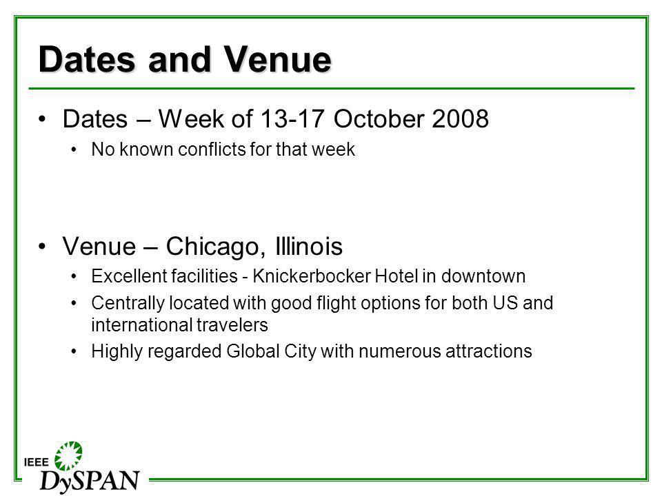 Dates and Venue Dates – Week of October 2008 No known conflicts for that week Venue – Chicago, Illinois Excellent facilities - Knickerbocker Hotel in downtown Centrally located with good flight options for both US and international travelers Highly regarded Global City with numerous attractions