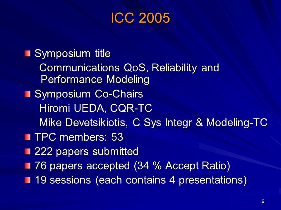 6 ICC 2005 Symposium title Communications QoS, Reliability and Performance Modeling Communications QoS, Reliability and Performance Modeling Symposium Co-Chairs Hiromi UEDA, CQR-TC Hiromi UEDA, CQR-TC Mike Devetsikiotis, C Sys Integr & Modeling-TC Mike Devetsikiotis, C Sys Integr & Modeling-TC TPC members: papers submitted 76 papers accepted (34 % Accept Ratio) 19 sessions (each contains 4 presentations)