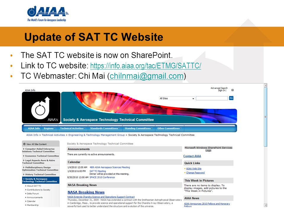 8 Update of SAT TC Website The SAT TC website is now on SharePoint.