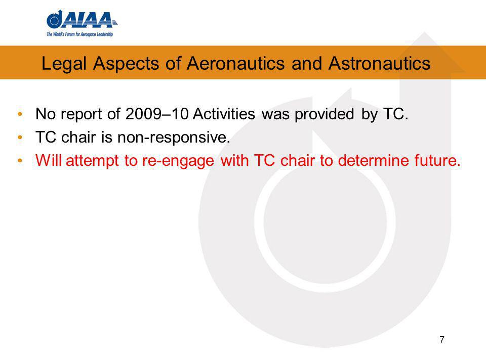 Legal Aspects of Aeronautics and Astronautics No report of 2009–10 Activities was provided by TC.