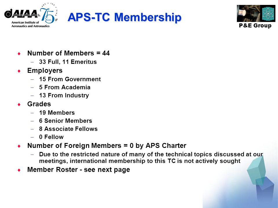 P&E Group APS-TC Membership Number of Members = 44 – 33 Full, 11 Emeritus Employers – 15 From Government – 5 From Academia – 13 From Industry Grades – 19 Members – 6 Senior Members – 8 Associate Fellows – 0 Fellow Number of Foreign Members = 0 by APS Charter – Due to the restricted nature of many of the technical topics discussed at our meetings, international membership to this TC is not actively sought Member Roster - see next page