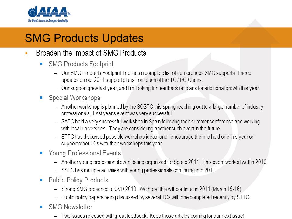 SMG Products Updates Broaden the Impact of SMG Products SMG Products Footprint –Our SMG Products Footprint Tool has a complete list of conferences SMG supports.