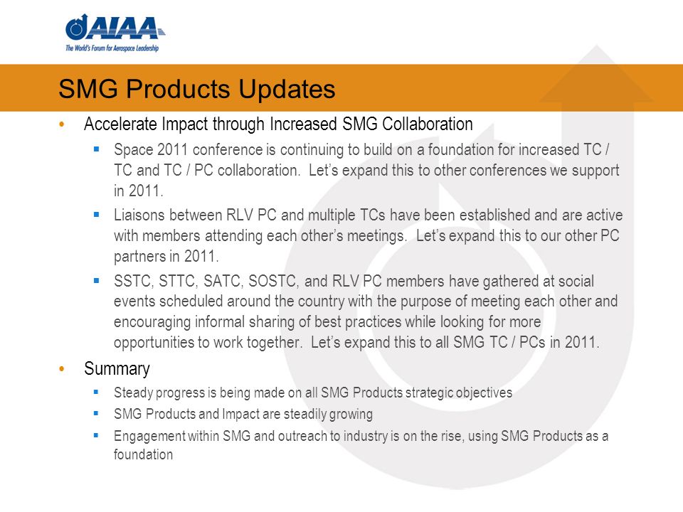 SMG Products Updates Accelerate Impact through Increased SMG Collaboration Space 2011 conference is continuing to build on a foundation for increased TC / TC and TC / PC collaboration.