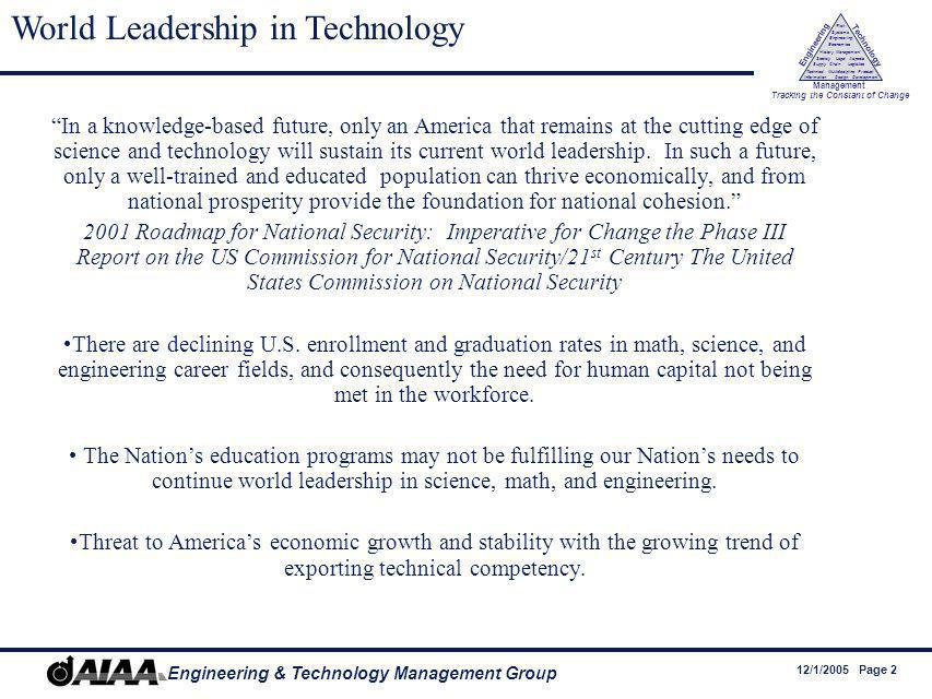 12/1/2005 Page 2 Engineering & Technology Management Group Engineering Technology Management Tracking the Constant of Change Management History Society Legal Aspects LogisticsSupply Chain Systems Engineering Economics Risk Technical Information Multidiscipline Design Product Development World Leadership in Technology In a knowledge-based future, only an America that remains at the cutting edge of science and technology will sustain its current world leadership.
