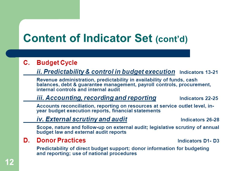 12 Content of Indicator Set (contd) C.Budget Cycle ii.
