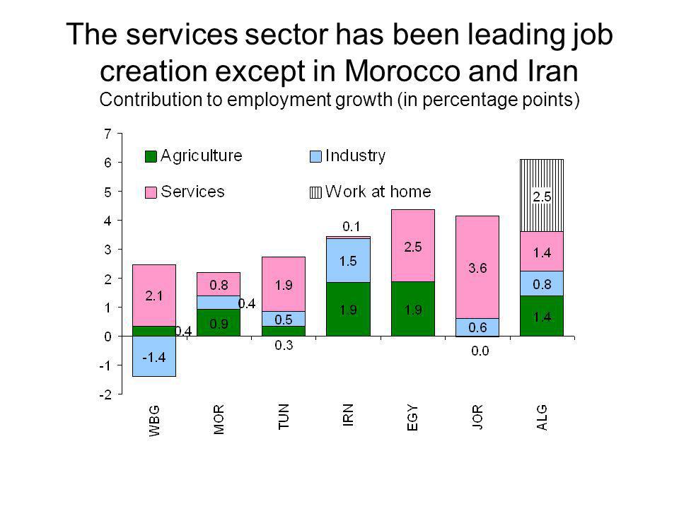 The services sector has been leading job creation except in Morocco and Iran Contribution to employment growth (in percentage points)