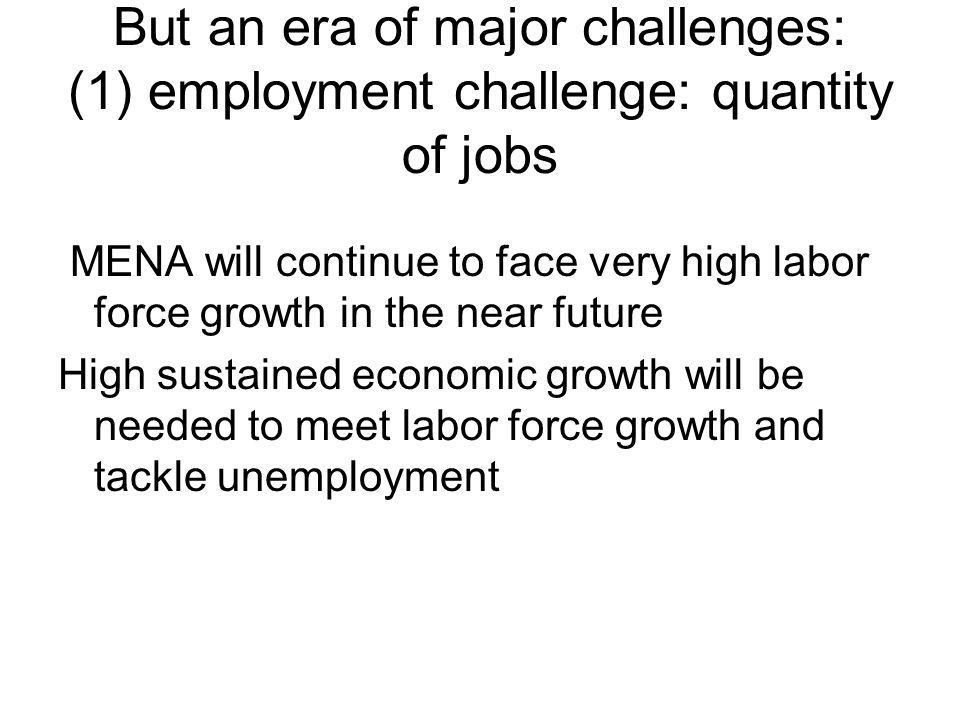 But an era of major challenges: (1) employment challenge: quantity of jobs MENA will continue to face very high labor force growth in the near future High sustained economic growth will be needed to meet labor force growth and tackle unemployment
