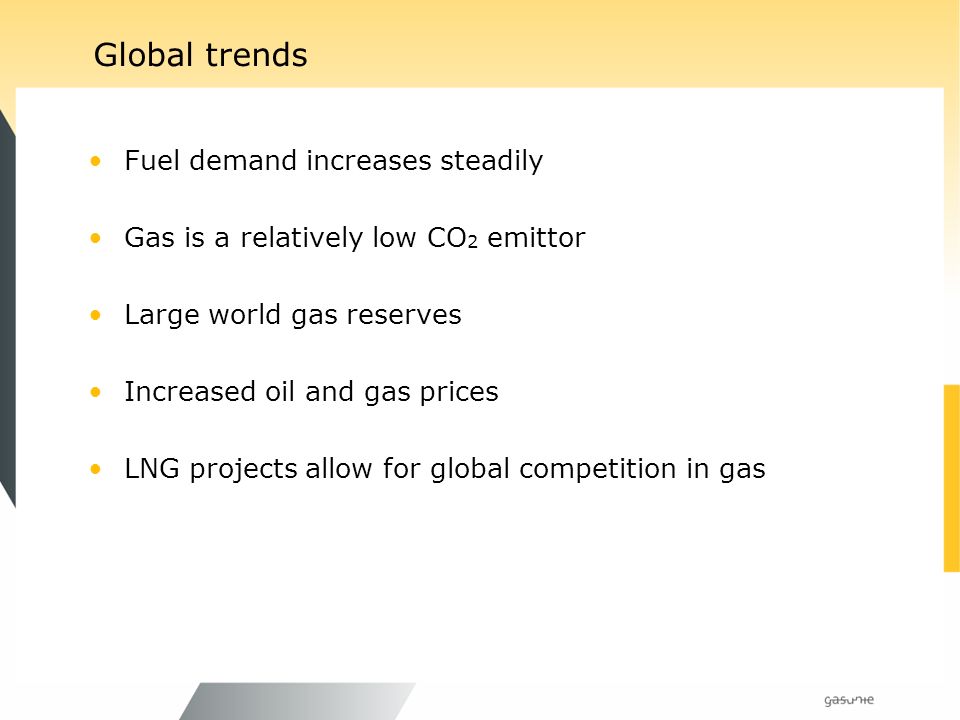Global trends Fuel demand increases steadily Gas is a relatively low CO 2 emittor Large world gas reserves Increased oil and gas prices LNG projects allow for global competition in gas