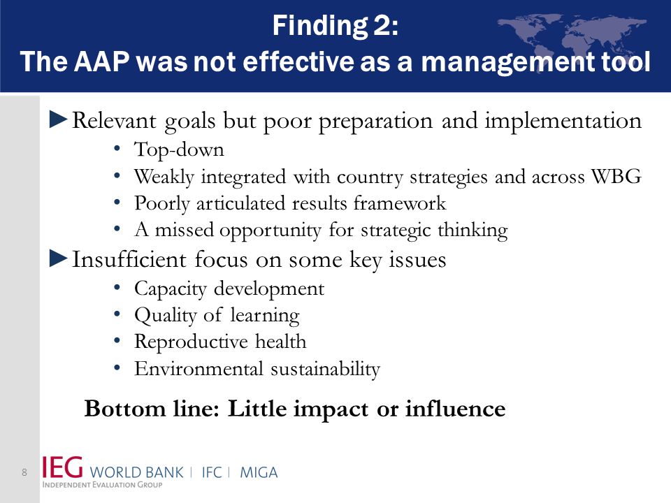 Finding 2: The AAP was not effective as a management tool Relevant goals but poor preparation and implementation Top-down Weakly integrated with country strategies and across WBG Poorly articulated results framework A missed opportunity for strategic thinking Insufficient focus on some key issues Capacity development Quality of learning Reproductive health Environmental sustainability Bottom line: Little impact or influence 8