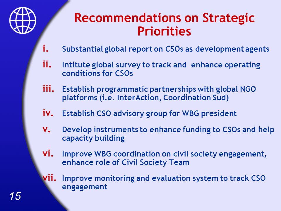 15 Recommendations on Strategic Priorities i.