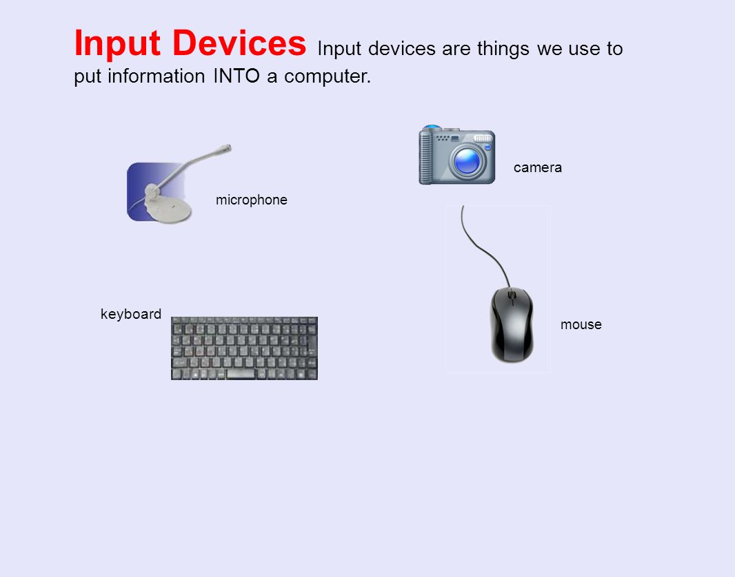 Input Devices Input devices are things we use to put information INTO a computer.