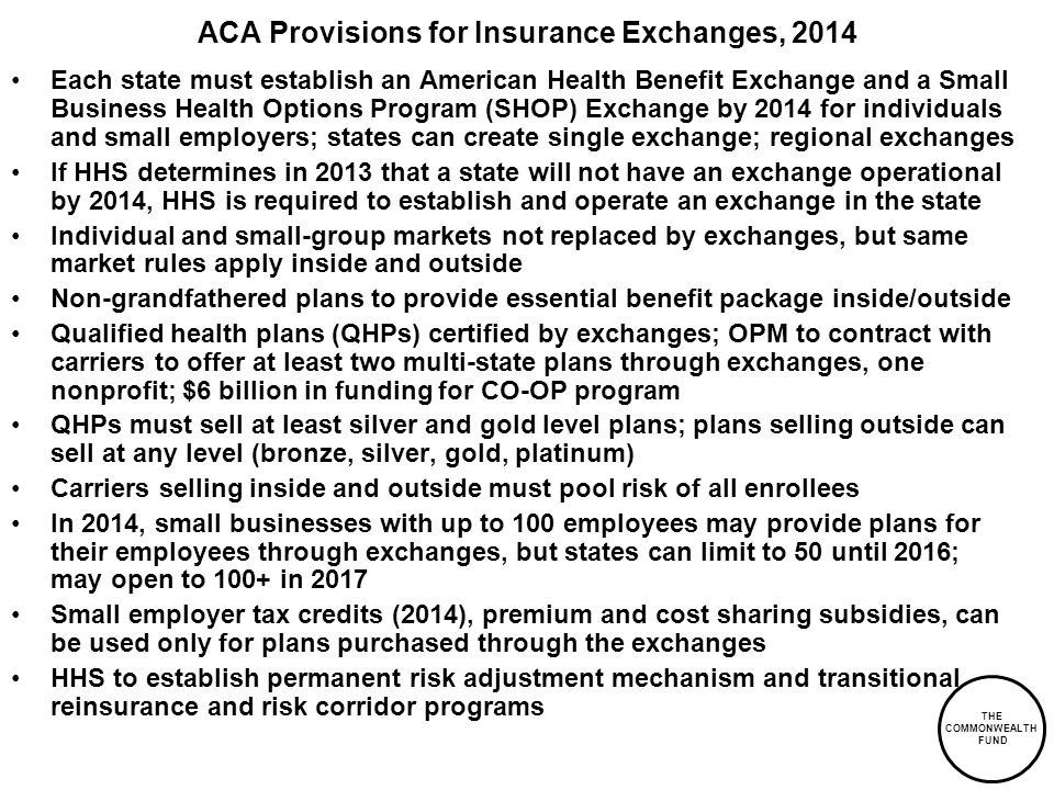 THE COMMONWEALTH FUND ACA Provisions for Insurance Exchanges, 2014 Each state must establish an American Health Benefit Exchange and a Small Business Health Options Program (SHOP) Exchange by 2014 for individuals and small employers; states can create single exchange; regional exchanges If HHS determines in 2013 that a state will not have an exchange operational by 2014, HHS is required to establish and operate an exchange in the state Individual and small-group markets not replaced by exchanges, but same market rules apply inside and outside Non-grandfathered plans to provide essential benefit package inside/outside Qualified health plans (QHPs) certified by exchanges; OPM to contract with carriers to offer at least two multi-state plans through exchanges, one nonprofit; $6 billion in funding for CO-OP program QHPs must sell at least silver and gold level plans; plans selling outside can sell at any level (bronze, silver, gold, platinum) Carriers selling inside and outside must pool risk of all enrollees In 2014, small businesses with up to 100 employees may provide plans for their employees through exchanges, but states can limit to 50 until 2016; may open to 100+ in 2017 Small employer tax credits (2014), premium and cost sharing subsidies, can be used only for plans purchased through the exchanges HHS to establish permanent risk adjustment mechanism and transitional reinsurance and risk corridor programs