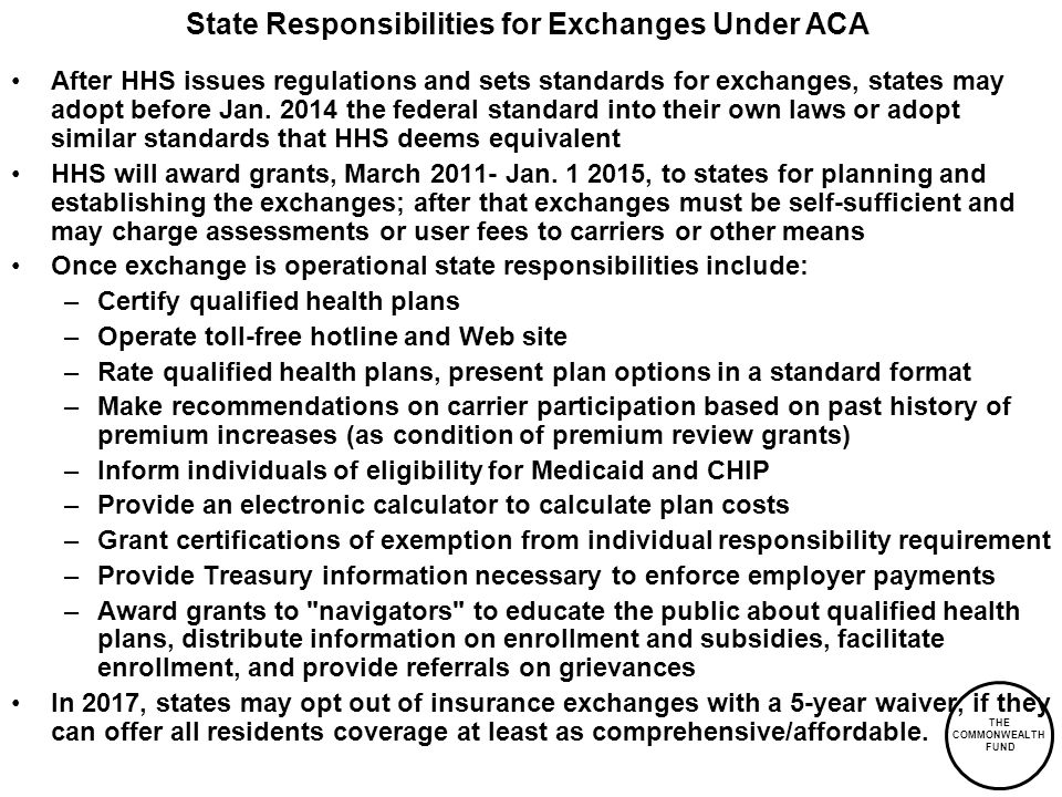 THE COMMONWEALTH FUND State Responsibilities for Exchanges Under ACA After HHS issues regulations and sets standards for exchanges, states may adopt before Jan.