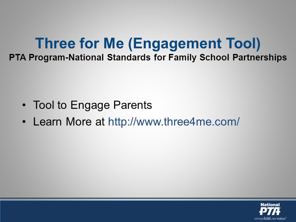 Three for Me (Engagement Tool) PTA Program-National Standards for Family School Partnerships Tool to Engage Parents Learn More at
