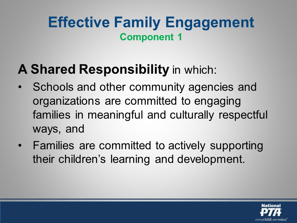Effective Family Engagement Component 1 A Shared Responsibility in which: Schools and other community agencies and organizations are committed to engaging families in meaningful and culturally respectful ways, and Families are committed to actively supporting their childrens learning and development.