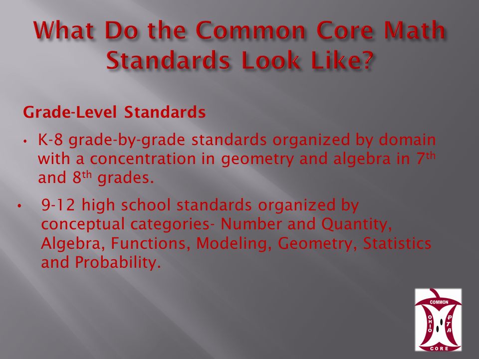 Grade-Level Standards K-8 grade-by-grade standards organized by domain with a concentration in geometry and algebra in 7 th and 8 th grades.