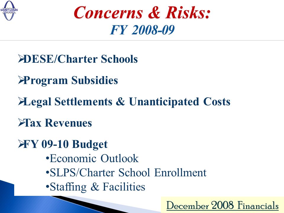 December 2008 Financials DESE/Charter Schools Program Subsidies Legal Settlements & Unanticipated Costs Tax Revenues FY Budget Economic Outlook SLPS/Charter School Enrollment Staffing & Facilities Concerns & Risks: FY