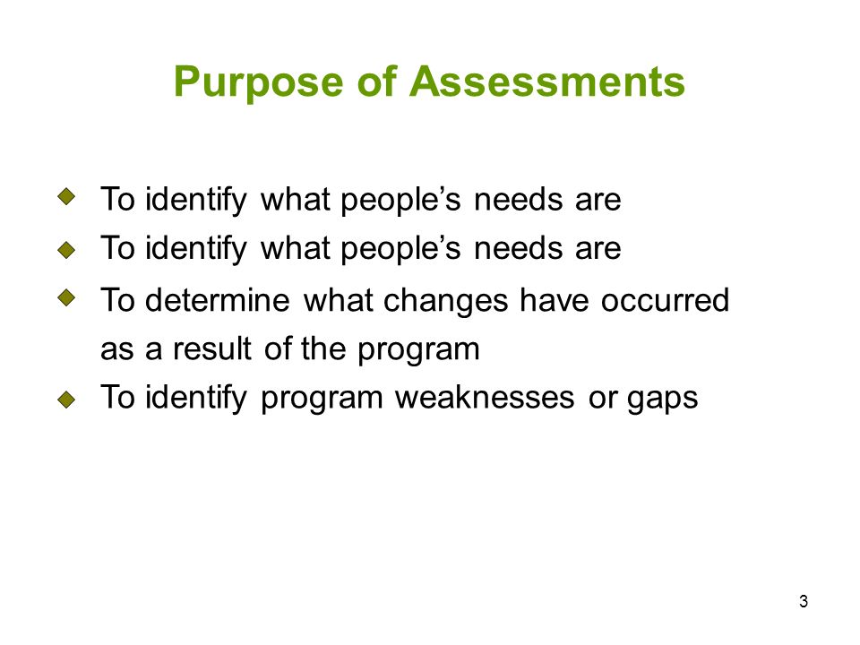 3 Purpose of Assessments To identify what peoples needs are To determine what changes have occurred as a result of the program To identify program weaknesses or gaps
