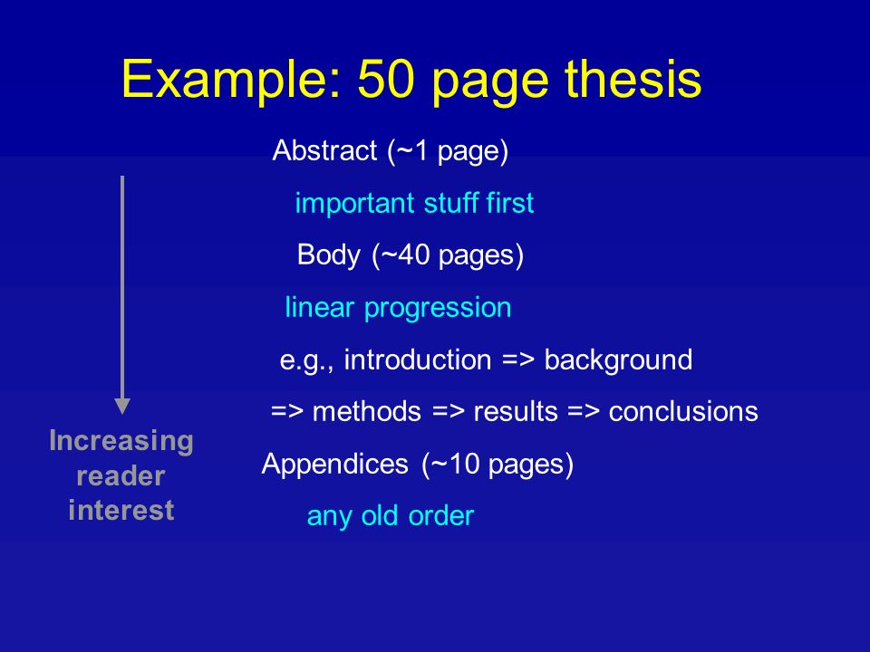 Example: 50 page thesis Increasing reader interest Abstract (~1 page) important stuff first Body (~40 pages) linear progression e.g., introduction => background => methods => results => conclusions Appendices (~10 pages) any old order