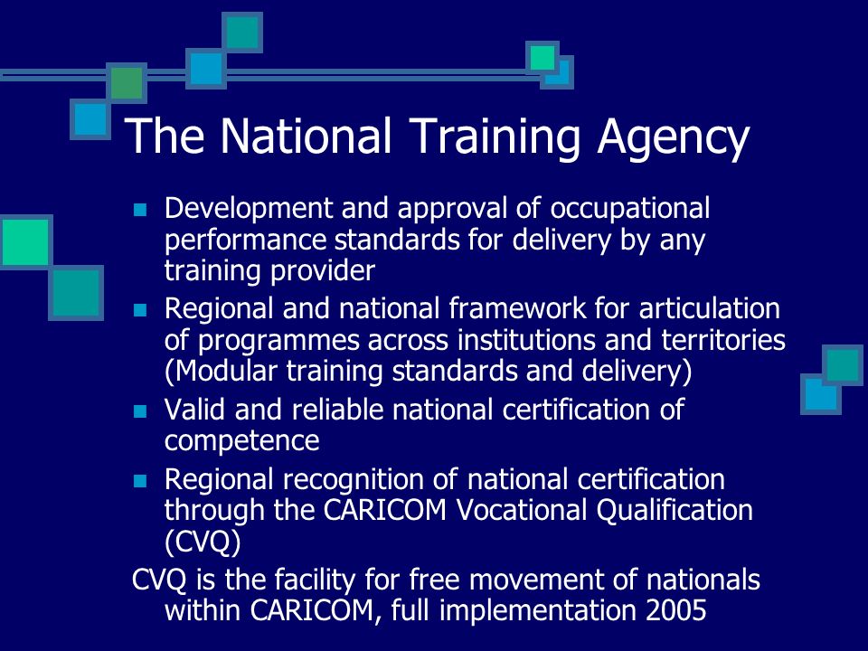 The National Training Agency Development and approval of occupational performance standards for delivery by any training provider Regional and national framework for articulation of programmes across institutions and territories (Modular training standards and delivery) Valid and reliable national certification of competence Regional recognition of national certification through the CARICOM Vocational Qualification (CVQ) CVQ is the facility for free movement of nationals within CARICOM, full implementation 2005