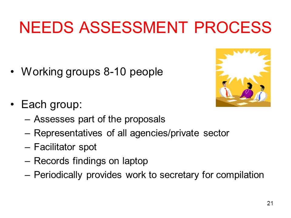 21 NEEDS ASSESSMENT PROCESS Working groups 8-10 people Each group: –Assesses part of the proposals –Representatives of all agencies/private sector –Facilitator spot –Records findings on laptop –Periodically provides work to secretary for compilation