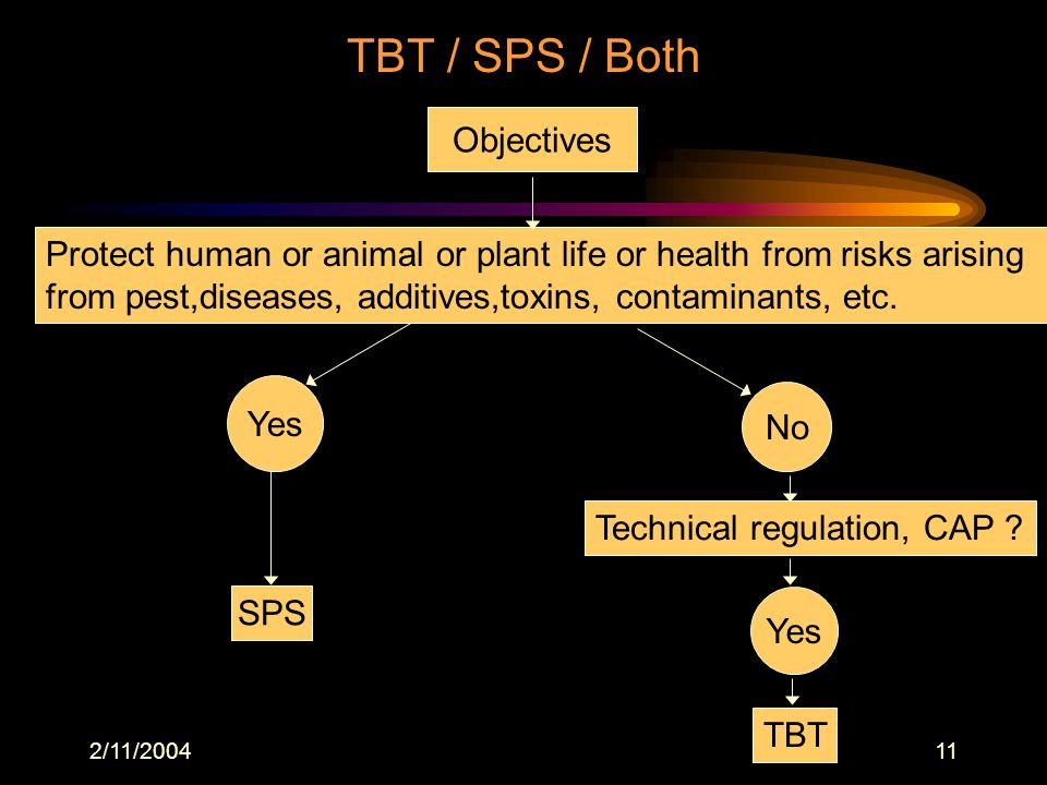 2/11/ TBT / SPS / Both Objectives Protect human or animal or plant life or health from risks arising from pest,diseases, additives,toxins, contaminants, etc.