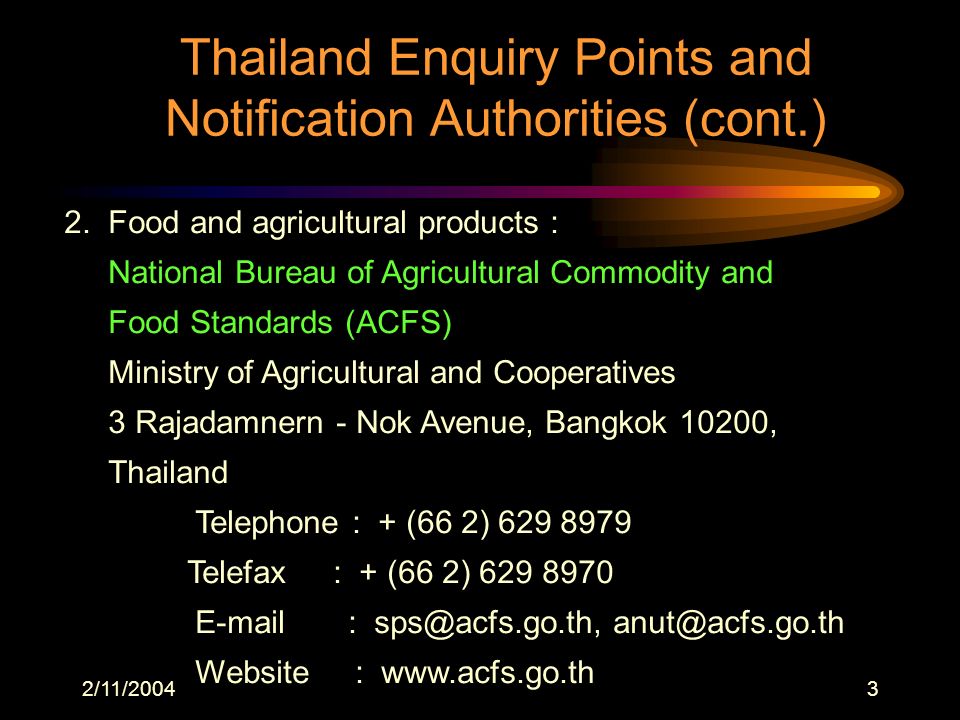 2/11/20043 Thailand Enquiry Points and Notification Authorities (cont.) 2.