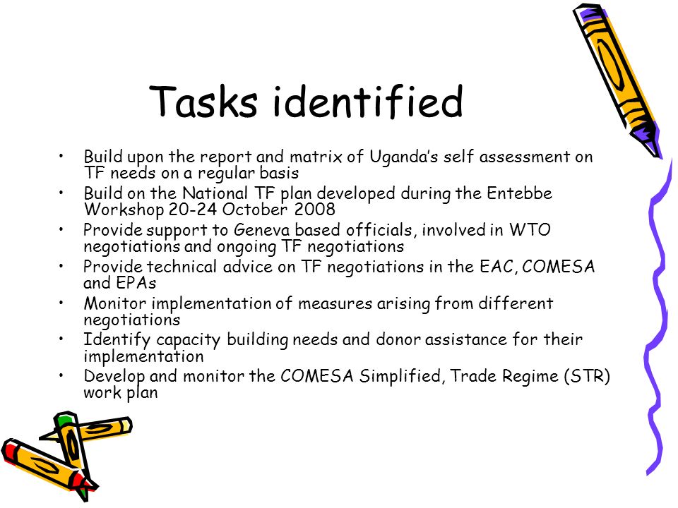 Tasks identified Build upon the report and matrix of Ugandas self assessment on TF needs on a regular basis Build on the National TF plan developed during the Entebbe Workshop October 2008 Provide support to Geneva based officials, involved in WTO negotiations and ongoing TF negotiations Provide technical advice on TF negotiations in the EAC, COMESA and EPAs Monitor implementation of measures arising from different negotiations Identify capacity building needs and donor assistance for their implementation Develop and monitor the COMESA Simplified, Trade Regime (STR) work plan