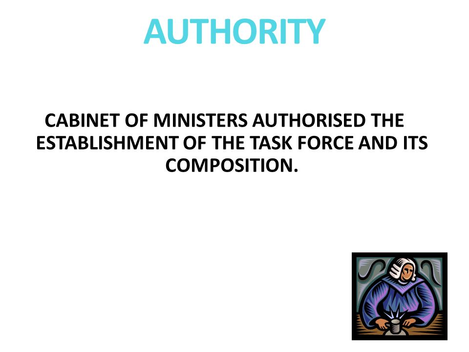 AUTHORITY CABINET OF MINISTERS AUTHORISED THE ESTABLISHMENT OF THE TASK FORCE AND ITS COMPOSITION.