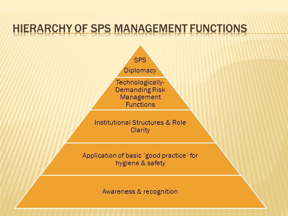 SPS Diplomacy Technologically- Demanding Risk Management Functions Institutional Structures & Role Clarity Application of basic good practice for hygiene & safety Awareness & recognition
