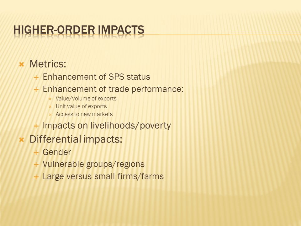 Metrics: Enhancement of SPS status Enhancement of trade performance: Value/volume of exports Unit value of exports Access to new markets Imp acts on livelihoods/poverty Differential impacts: Gender Vulnerable groups/regions Large versus small firms/farms