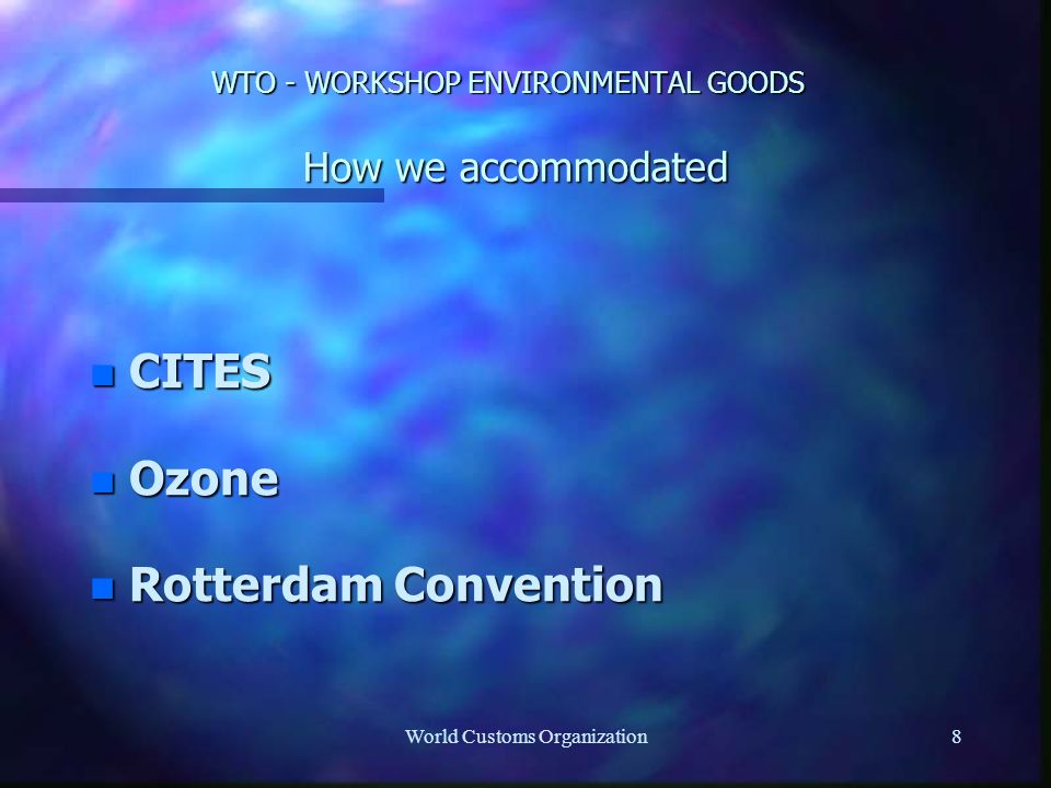 World Customs Organization8 WTO - WORKSHOP ENVIRONMENTAL GOODS How we accommodated n CITES n Ozone n Rotterdam Convention
