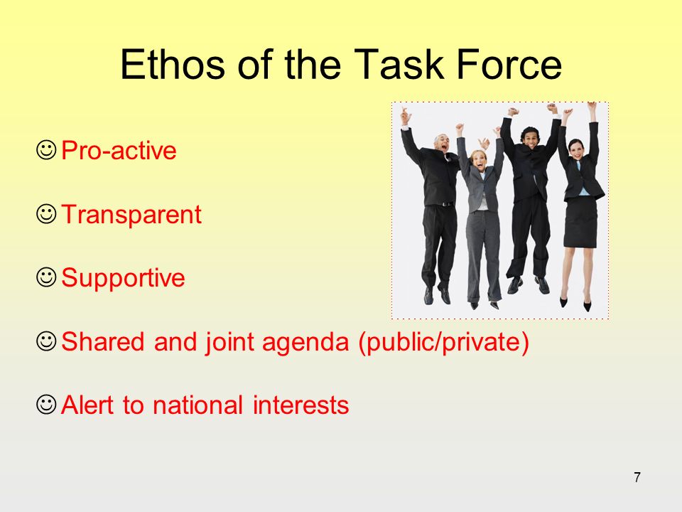 7 Ethos of the Task Force Pro-active Transparent Supportive Shared and joint agenda (public/private) Alert to national interests
