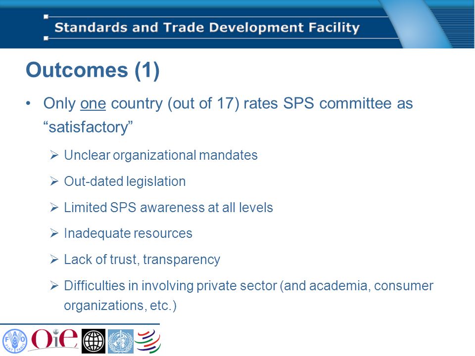 Outcomes (1) Only one country (out of 17) rates SPS committee as satisfactory Unclear organizational mandates Out-dated legislation Limited SPS awareness at all levels Inadequate resources Lack of trust, transparency Difficulties in involving private sector (and academia, consumer organizations, etc.)