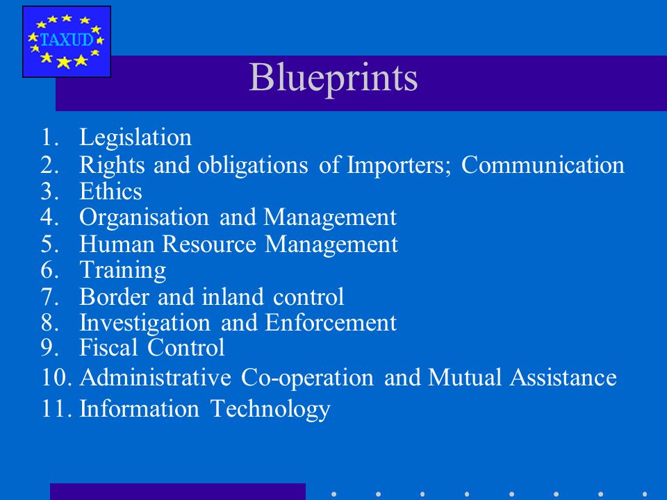 Customs blueprints Standards of best practice by which improvements of operational capacity will be measured and to which technical assistance will be targeted Validated by EC Member States and partner Countries Divided in 11 sectors and subdivided in about 50 strategic objectives and 350 key indicators
