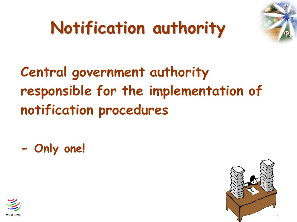 4 Notification authority Central government authority responsible for the implementation of notification procedures - Only one!