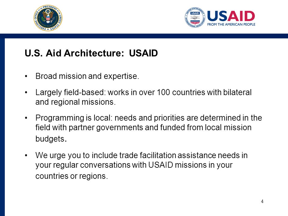 U.S. Aid Architecture: USAID Broad mission and expertise.