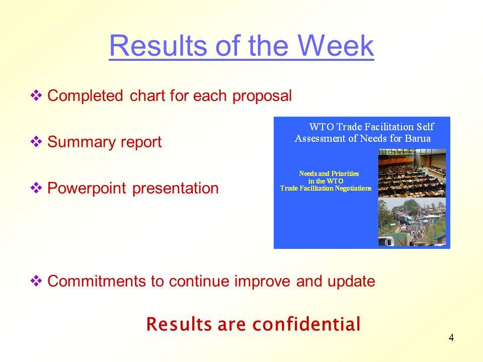 4 Results of the Week Completed chart for each proposal Summary report Powerpoint presentation Commitments to continue improve and update Results are confidential