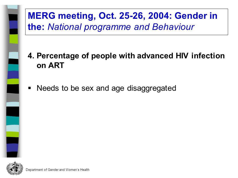 Department of Gender and Womens Health 4.Percentage of people with advanced HIV infection on ART Needs to be sex and age disaggregated MERG meeting, Oct.