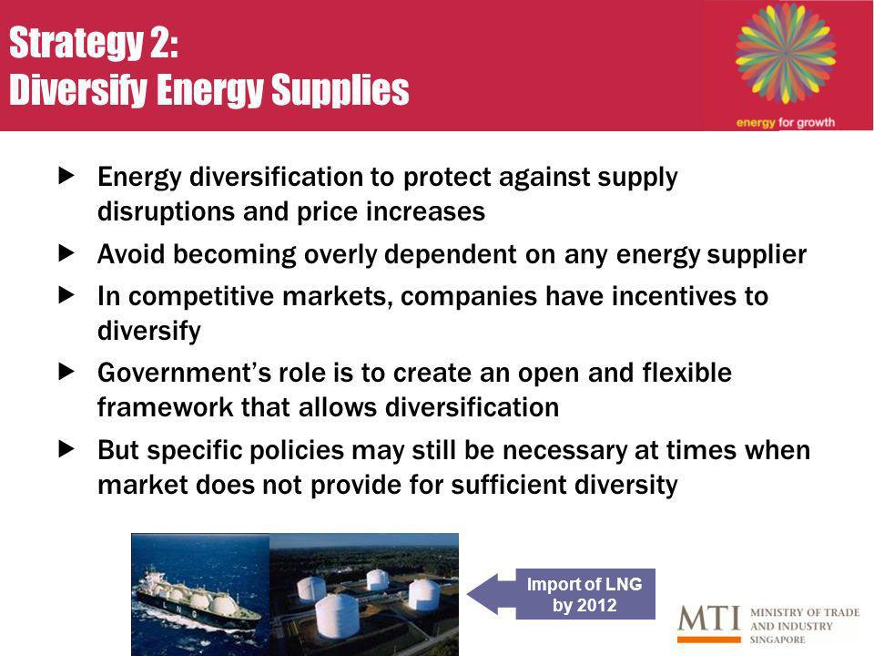 Strategy 2: Diversify Energy Supplies Energy diversification to protect against supply disruptions and price increases Avoid becoming overly dependent on any energy supplier In competitive markets, companies have incentives to diversify Governments role is to create an open and flexible framework that allows diversification But specific policies may still be necessary at times when market does not provide for sufficient diversity Import of LNG by 2012