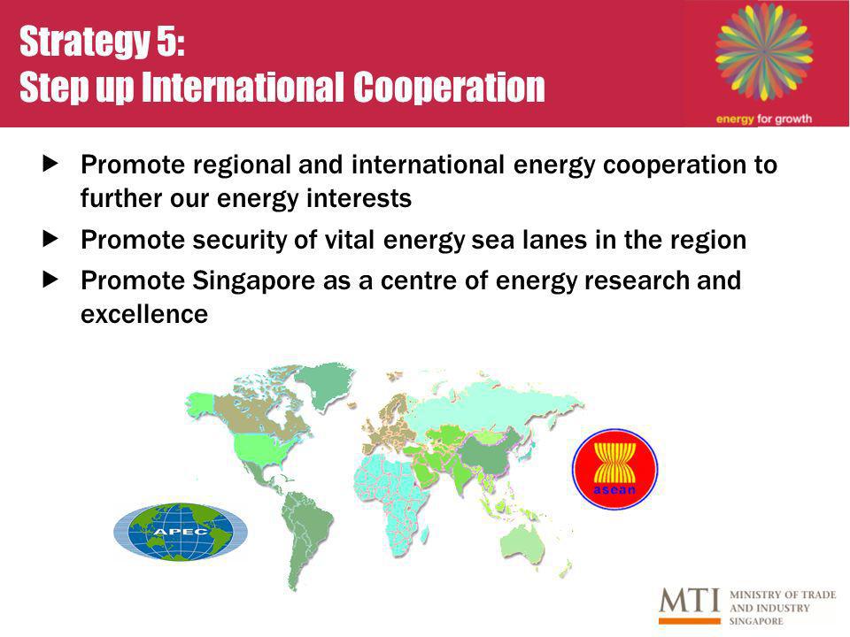 Strategy 5: Step up International Cooperation Promote regional and international energy cooperation to further our energy interests Promote security of vital energy sea lanes in the region Promote Singapore as a centre of energy research and excellence