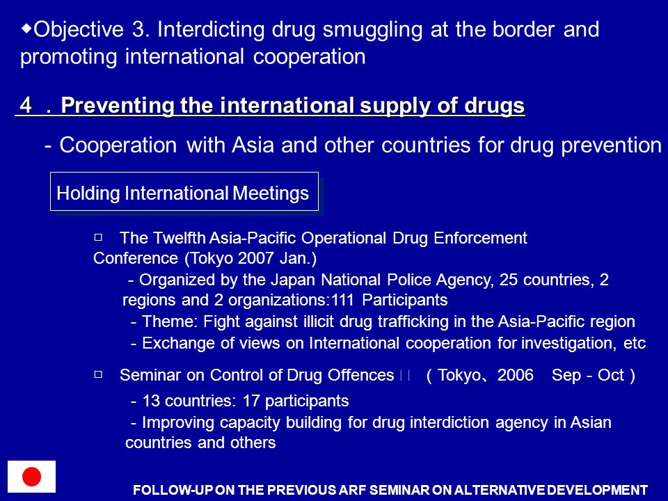 Holding International Meetings The Twelfth Asia-Pacific Operational Drug Enforcement Conference (Tokyo 2007 Jan.) Organized by the Japan National Police Agency, 25 countries, 2 regions and 2 organizations:111 Participants Theme: Fight against illicit drug trafficking in the Asia-Pacific region Seminar on Control of Drug Offences Tokyo 2006 Sep Oct 13 countries: 17 participants Exchange of views on International cooperation for investigation, etc Improving capacity building for drug interdiction agency in Asian countries and others FOLLOW-UP ON THE PREVIOUS ARF SEMINAR ON ALTERNATIVE DEVELOPMENT Objective 3.