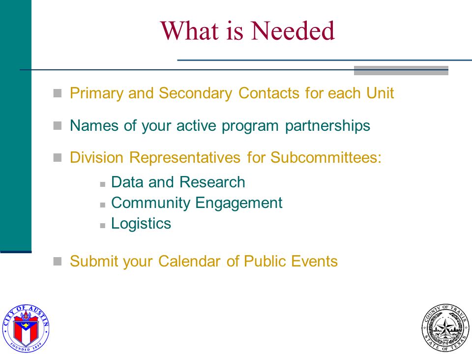 What is Needed Primary and Secondary Contacts for each Unit Names of your active program partnerships Division Representatives for Subcommittees: Data and Research Community Engagement Logistics Submit your Calendar of Public Events
