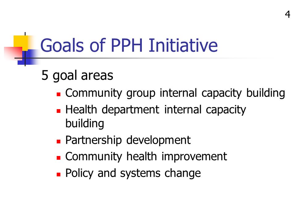 4 Goals of PPH Initiative 5 goal areas Community group internal capacity building Health department internal capacity building Partnership development Community health improvement Policy and systems change