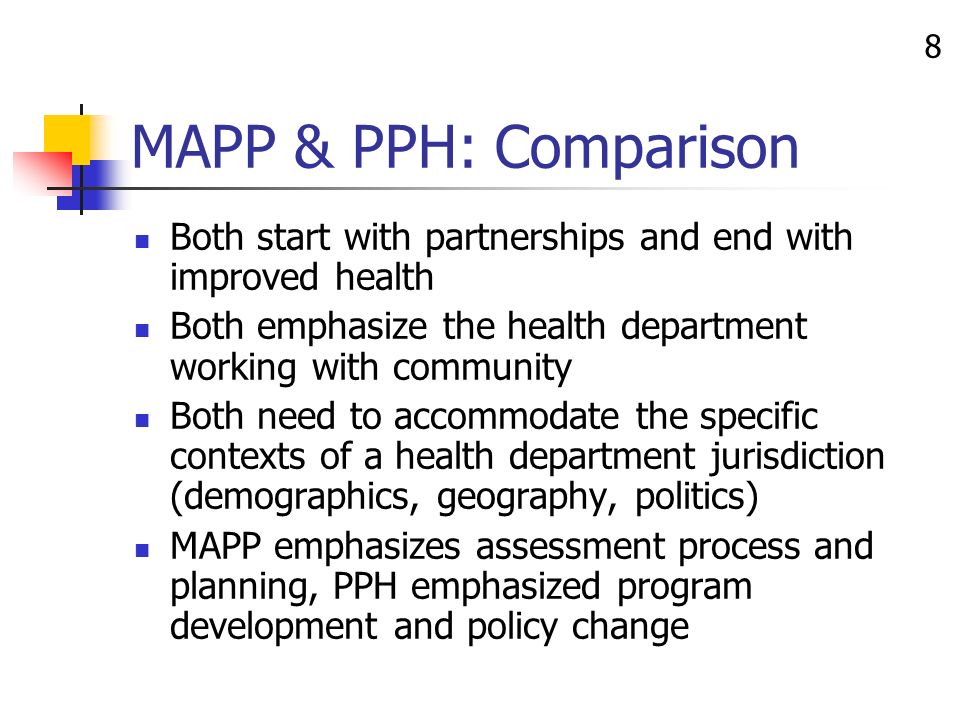 8 MAPP & PPH: Comparison Both start with partnerships and end with improved health Both emphasize the health department working with community Both need to accommodate the specific contexts of a health department jurisdiction (demographics, geography, politics) MAPP emphasizes assessment process and planning, PPH emphasized program development and policy change