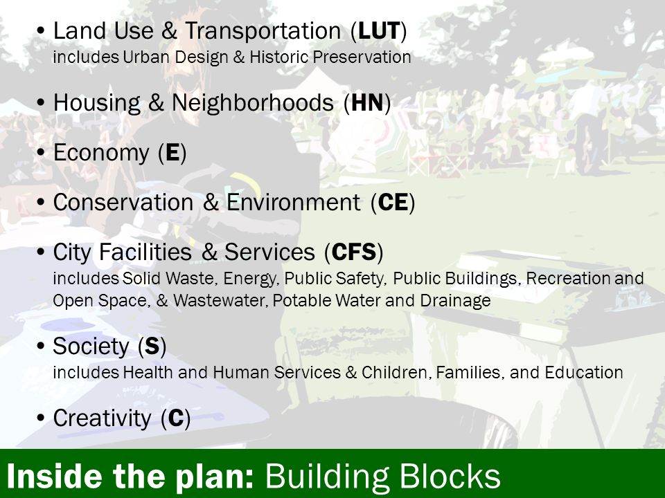 Land Use & Transportation (LUT) includes Urban Design & Historic Preservation Housing & Neighborhoods (HN) Economy (E) Conservation & Environment (CE) City Facilities & Services (CFS) includes Solid Waste, Energy, Public Safety, Public Buildings, Recreation and Open Space, & Wastewater, Potable Water and Drainage Society (S) includes Health and Human Services & Children, Families, and Education Creativity (C) Inside the plan: Building Blocks