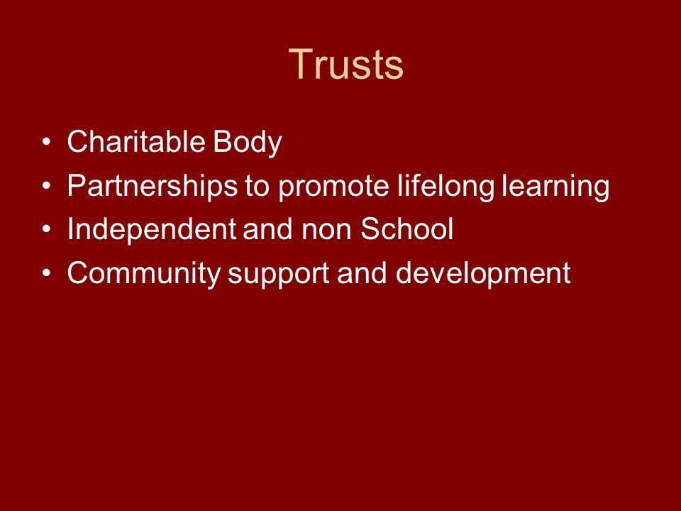 Trusts Charitable Body Partnerships to promote lifelong learning Independent and non School Community support and development