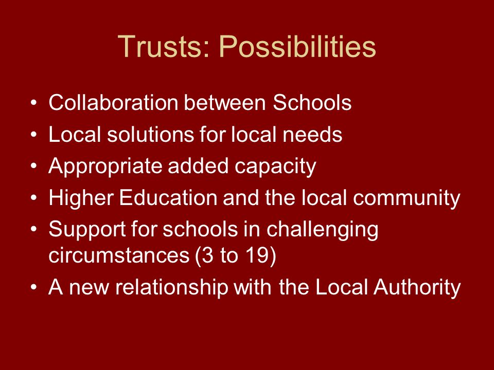Trusts: Possibilities Collaboration between Schools Local solutions for local needs Appropriate added capacity Higher Education and the local community Support for schools in challenging circumstances (3 to 19) A new relationship with the Local Authority